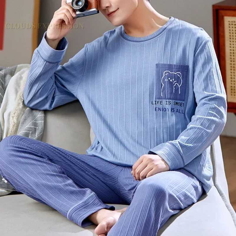 Spring 3XL Knitted Pjs Long Sleeved Mens Pajamas Sets Male Pajama Plaid Pajama For Masculine Sleepwear Suits Homewear Fashion Y240913