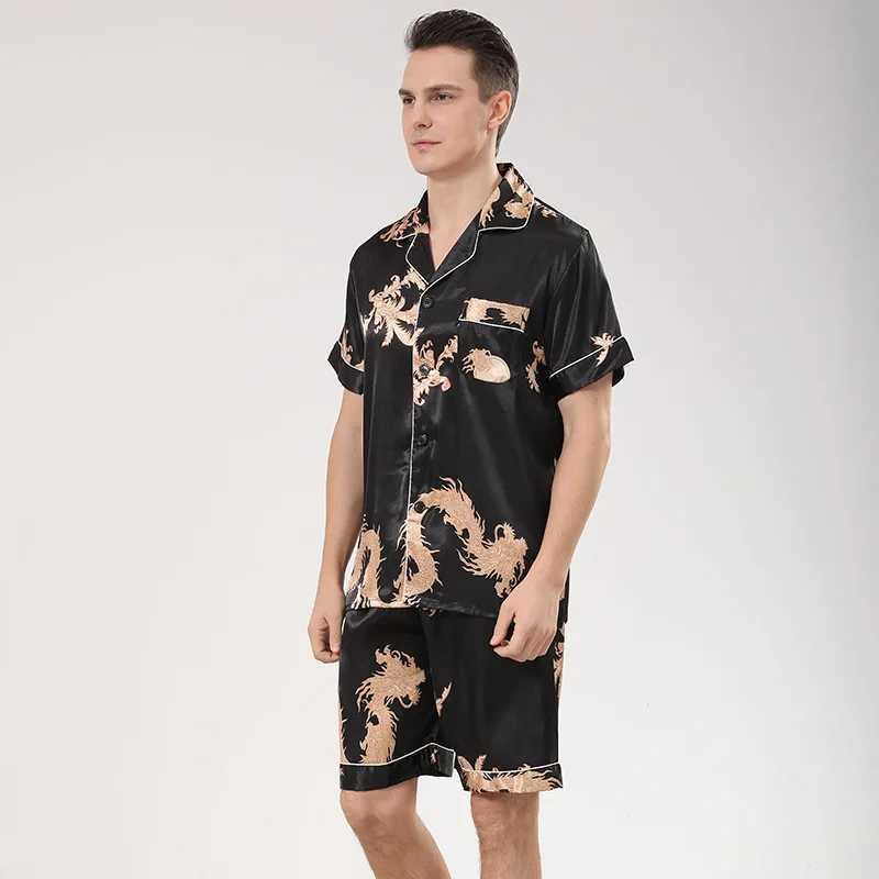 Summer Men Blue Dragon Print Pajama Sets Satin Turn-down Collar Sleepwear Short Sleeve Nightwear Homewear Loungewear Y240913