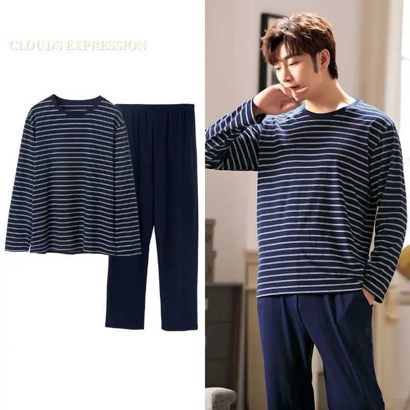 Spring Autumn L-4XL Knitted Cotton Simple Mens Pyjamas Suits Pajamas Set Casual Male Sleepwear Pyjamas Night Pijamas Homewear Y240913
