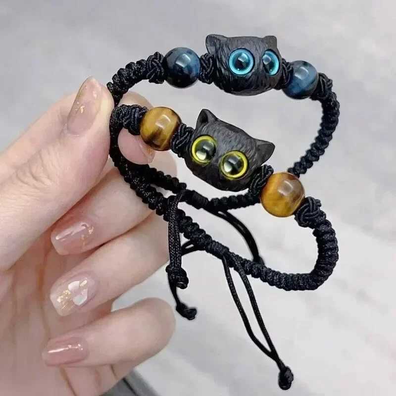 1/2 Cute Natural Stone Black Cat Bracelet Womens Fashion Cartoon Animal Bead Bracelet Handmade Fashion Jewelry Gift W240913
