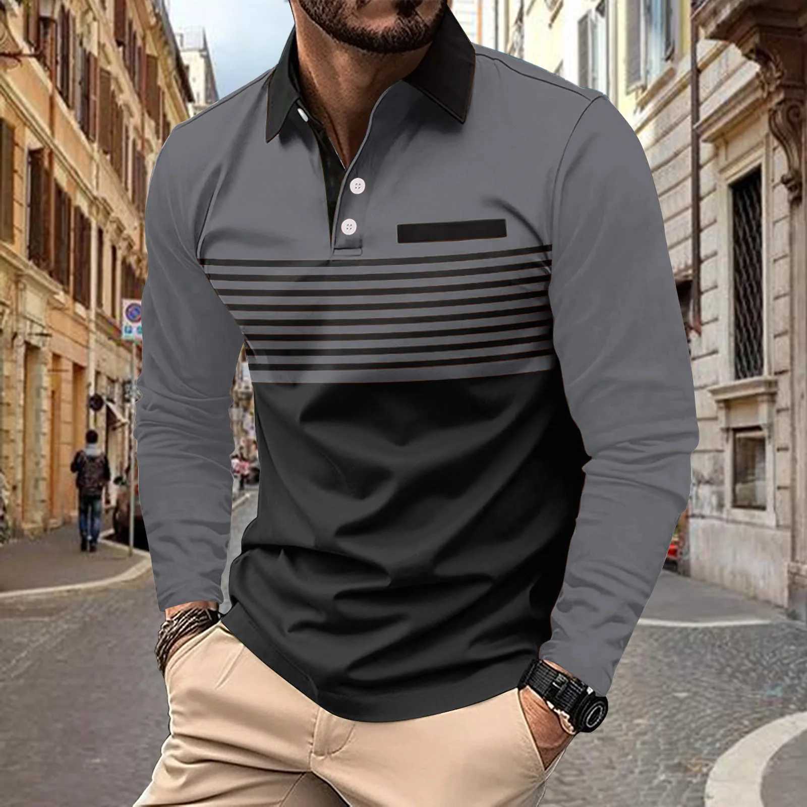 Mens new POLO shirt light casual pocket lapel spring and autumn large size loose striped print long sleeve T-shirtX240912