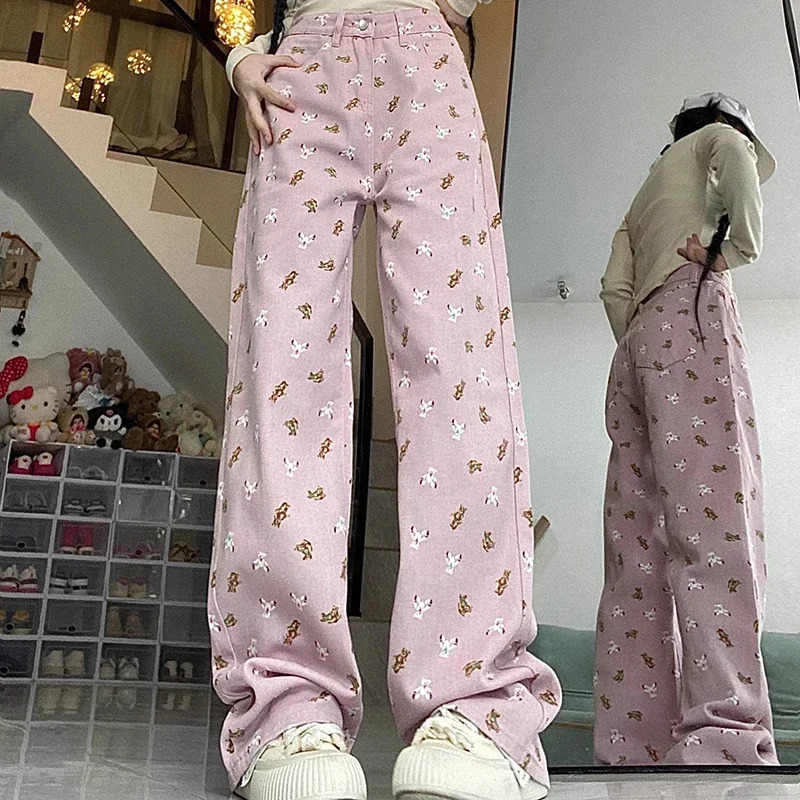 2024 Woman High Waist Korean Sweet Wide Leg Jeans Lady Y2k Casual Cutecore Pants Female Fashion Kawaii Pink White Denim Trousers