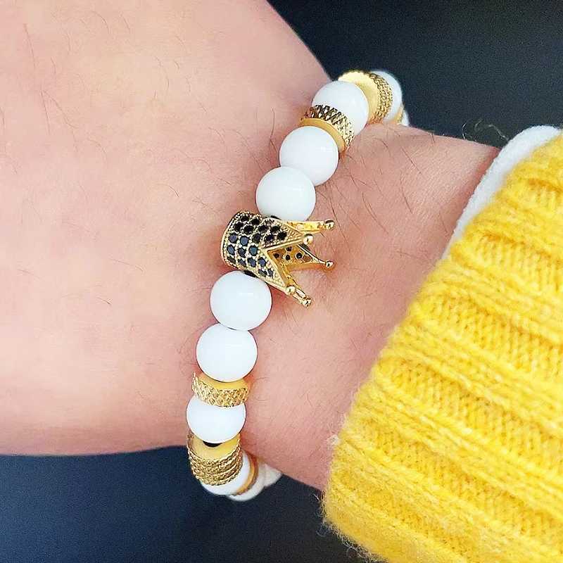 Luxury natural stone bead stainless steel crown charm mens bracelet women handmade jewelry gift W240913