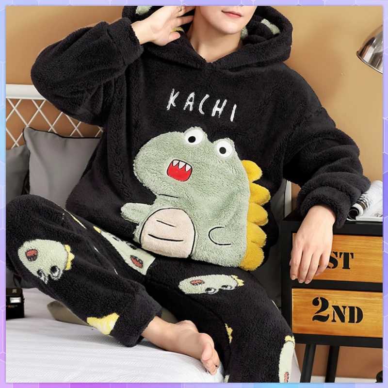 Cute Pajamas For Men Thick Plush Fleece Pajama Sets Winter Coral Velvet Warm Flannel Clothes Home Suit Male Sleepwear Y240913
