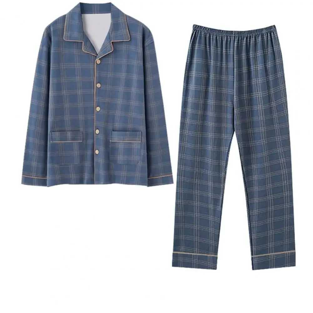 Man Pajamas Sets Spring Autumn Long Sleeve Soft Lapel Button Pajamas for Men Plaid Cardigan Homewear Male Casual Loose Sleepwear Y240913