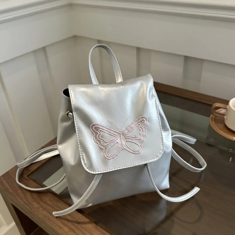 Large capacity Korean style backpack with butterfly pattern square Pu leather backpack handbag solid color Y2k school backpack outdoor 240912