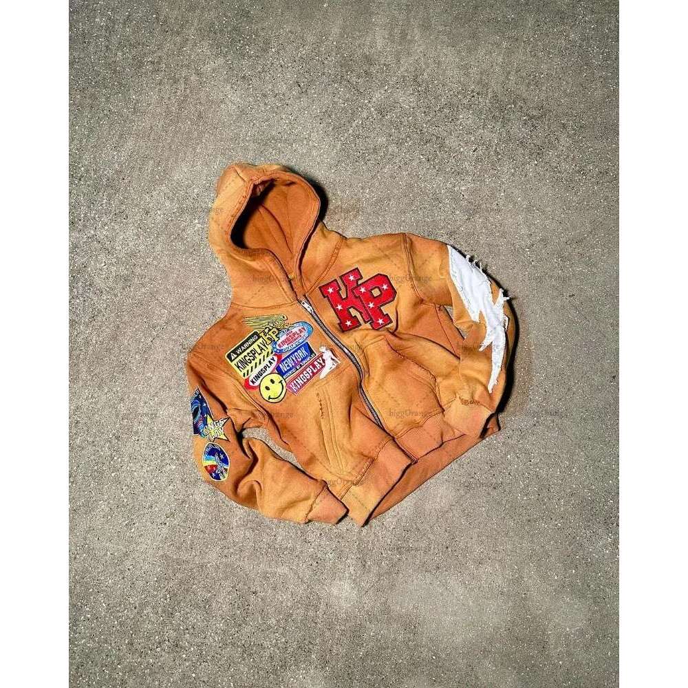 American Embroidered Oversized Hoodie Men Y2k High Street Fashion Brand Clothing Loose Retro Zipper Sweatshirt Women