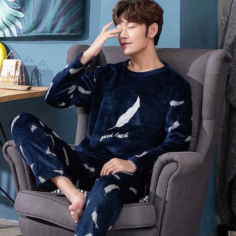 Winter Long Sleeve Thicken Warm Flannel Pajama Sets For Men Coral Velvet Cute Cartoon Sleepwear Suit Male Casual Home Clothes Y240913
