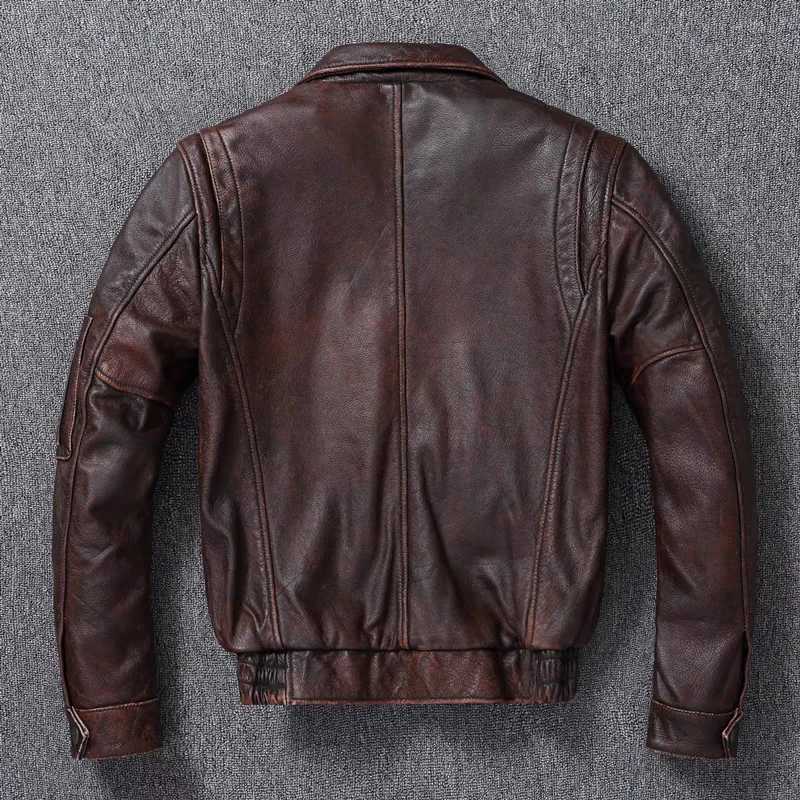 New Mens Genuine Leather Jacket Vintage Stone Milled Top Layer Cowhide Bomber Jacket A2 Brown Mens Calfskin Motorcycle JacketX240913