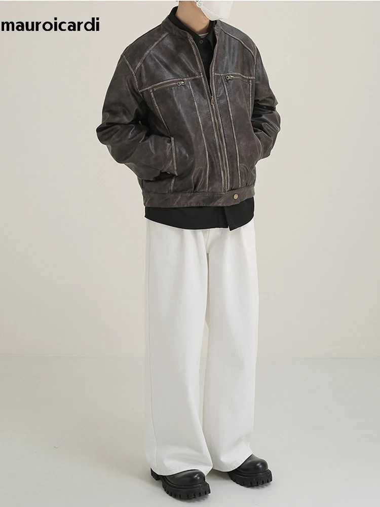 Mauroicardi Spring Autumn Short Vintage Cool Distressed Washed Pu Leather Moto Biker Jacket Men Zipper Luxury Designer ClothesX240913