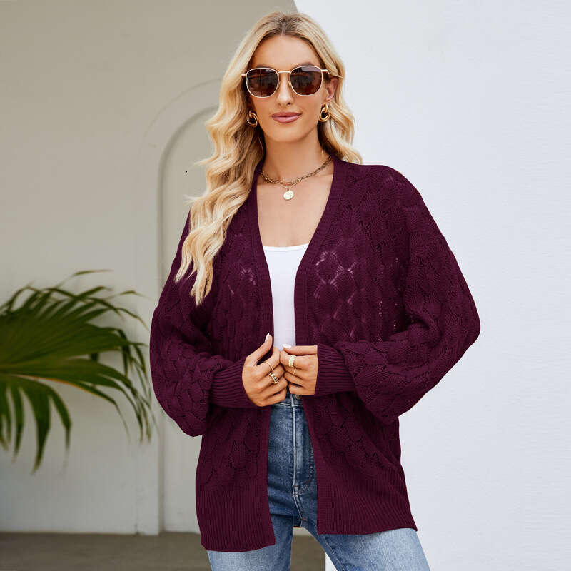 V-neck hollowed out long sleeved cardigan loose knitted jacket