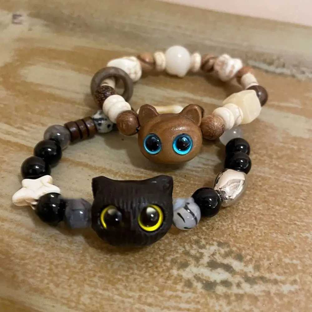 New Chinese Style Black Cat Bracelet Wooden Hand Rope Cartoon Bracelet Glass Jewelry Accessories Handmade Bead Bracelet for Girls W240913