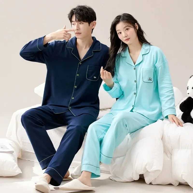 Korean Cotton Nightwear Couples Spring Men Long Pajamas Women Cardigan Fashion Loose Sleepwear Solid Pjs Pyjamas pijama mujer Y240913