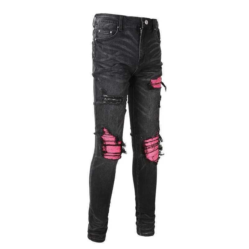 Men Cracked Leather Patch Biker Jeans Streetwear Pleated Patchwork Holes Ripped Stretch Denim Pants Skinny Tapered Trousers M240912