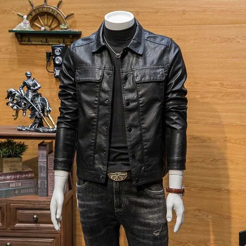 2023 New men Winter Faux Leather clothing short Leisure pu Overcoat stand-up collar loose Jacket self-cultivation OutwearX240913