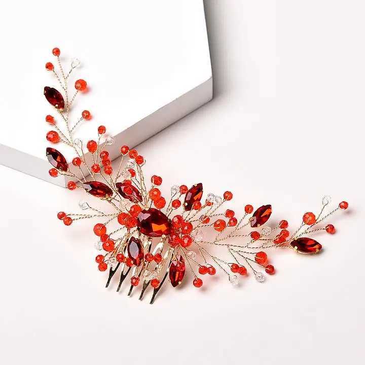 Red Rhinestone Bridal Hair Comb Headband Crystal Wedding Head Accessories Jewelry Fashion Handmade Bride Party HeadpieceX240913