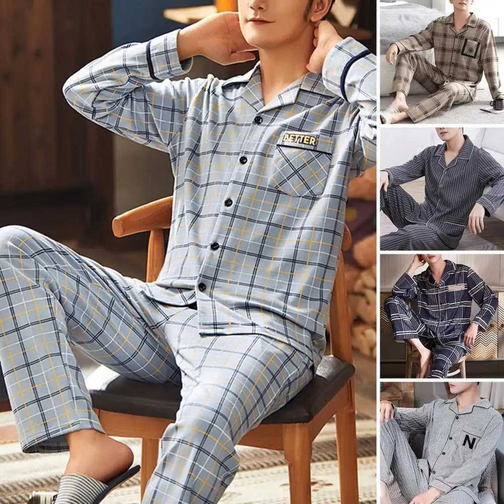 Elastic Waist Loungewear for Men Striped Turn-down Collar Mens Pajama Set Comfortable Homewear with Loose Wide Leg Trousers Y240913