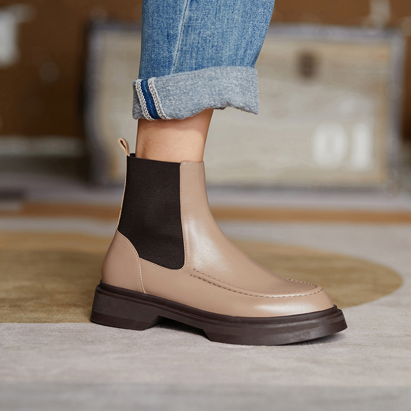 Genuine Leather Retro British Style Slip-On Fashion Ankle Boots Round Toe Flat with Women Shoes 1707