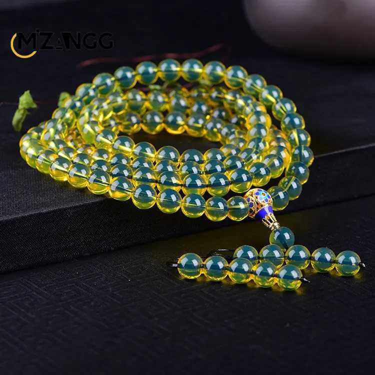 Natural pure water blue amber bracelet 108 Buddha beads beeswax amber round bead necklace luxurious mens and womens gift W240913
