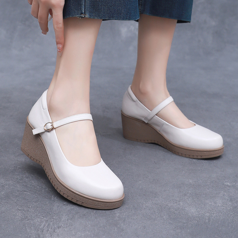 GKTINOO hot Fashion Ankle Strap Wedges Platform Genuine Leather Mary Janes Pumps For Women Casual Black Work Shoes High Heels