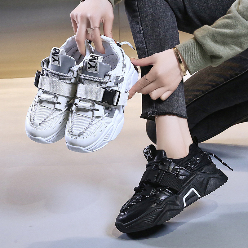 Platform Women Leather Casual Ladies Chunky Shoes 2021 White Woman High Black Fashion Brand Thick Soled Wedge Sneakers d83d