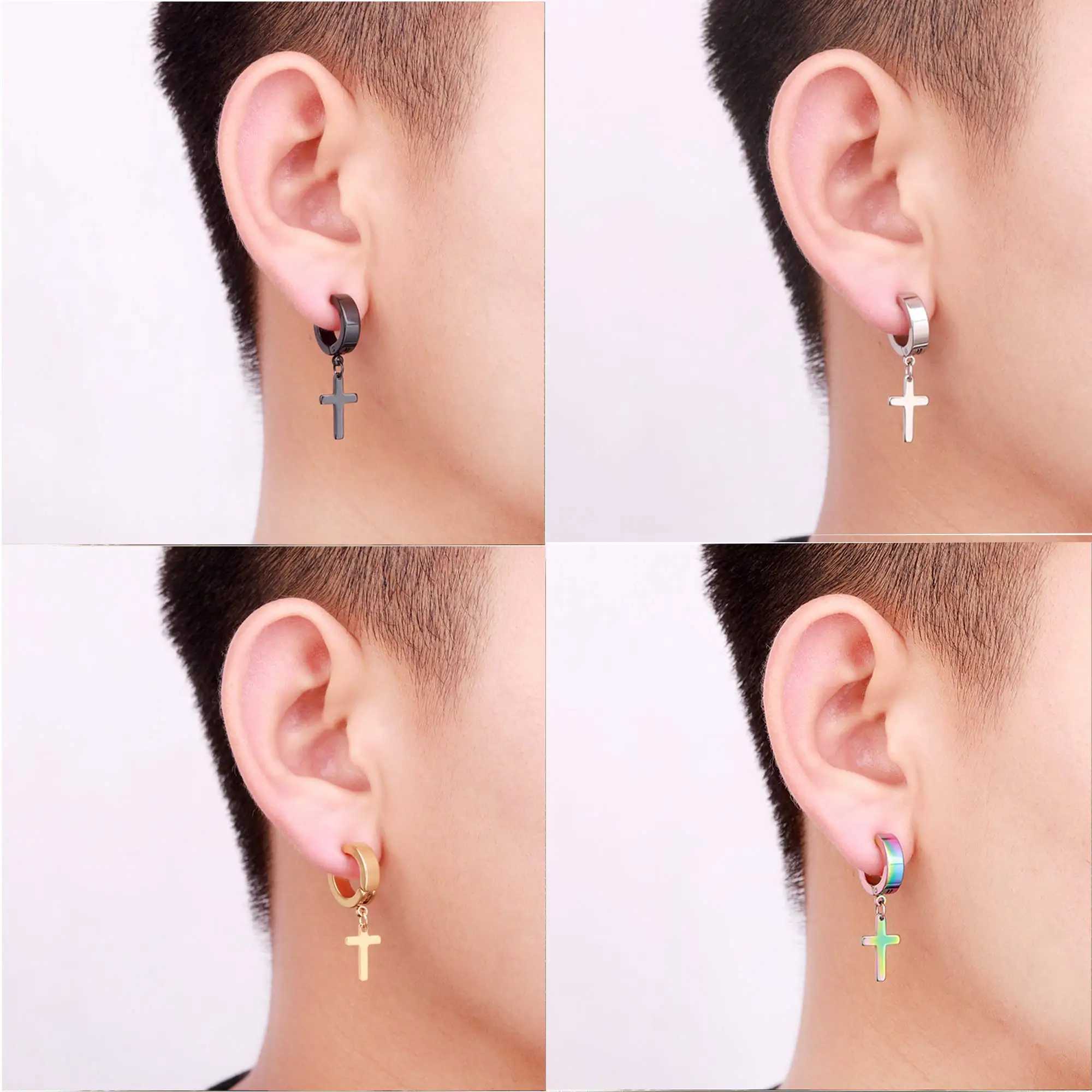 1 Pairs Stainless Steel Clip on Non-Piercing Cross Huggie Hoop Earrings Set for Men Fake Drop Dangle Hinged Earrings with CrossX240913