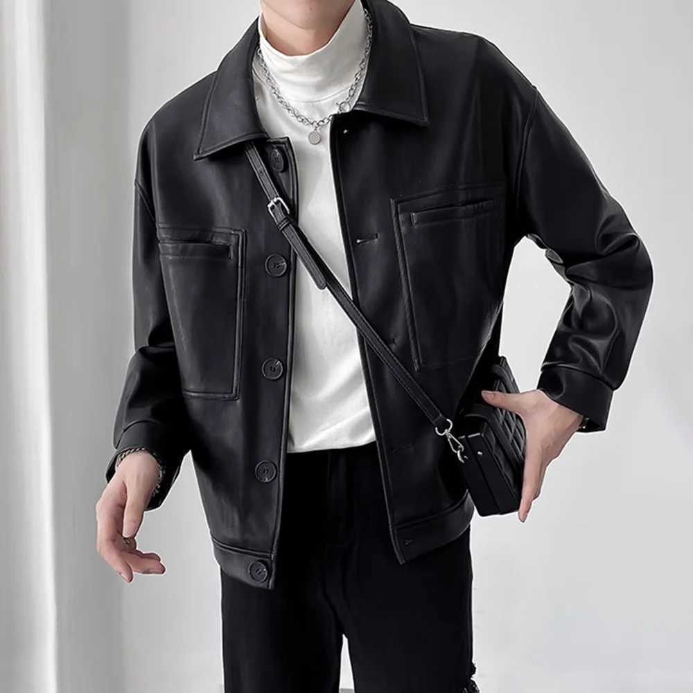 2023 Autumn Mens Retro Lapel Short Long Sleeve Elegant British Pu Textured Leather Casual Jacket Loose Leather Jacket For MenX240913