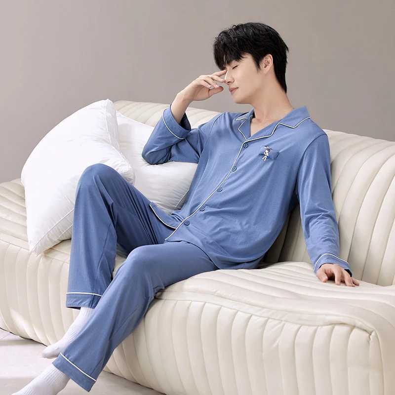 Winter Pajamas Set Men Button-Down Warm Pijamas Hombre Cotton Sleepwear Homeclothes PJ Blue Pyjama 2024 New Y240913