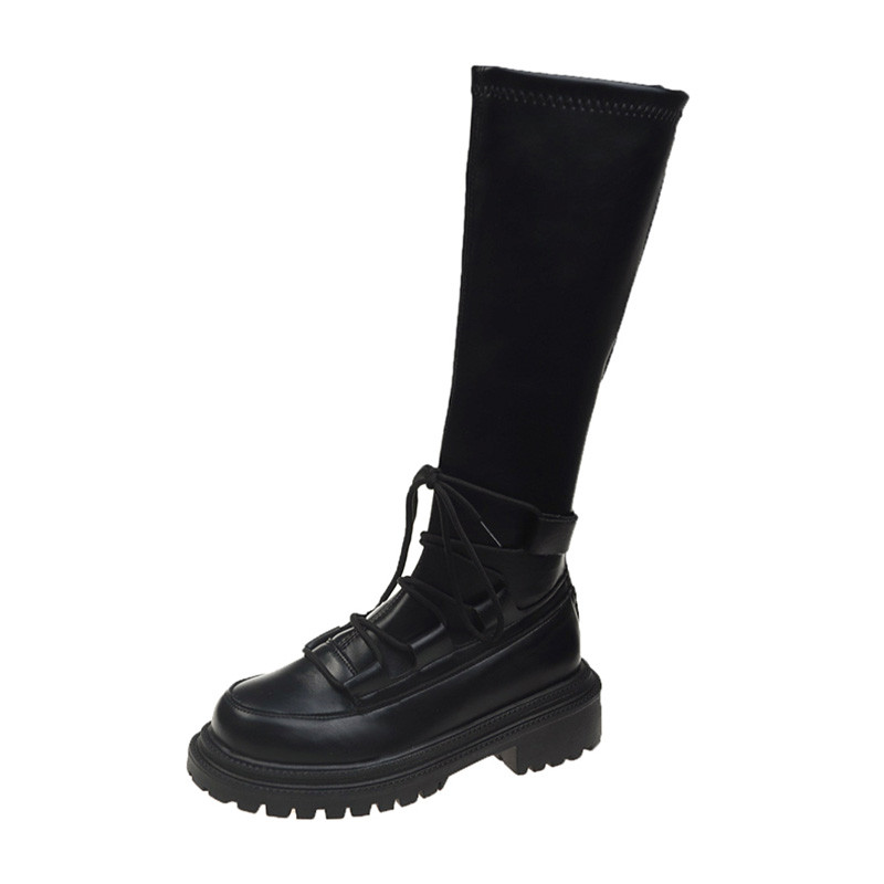 Lady Shoes Boots Round Toe Mid-Calf Rubber Mid Calutumn Stockings Low Lolita Summer Stretch Fabric Solid Slip-On Lace-Up PU f4fd