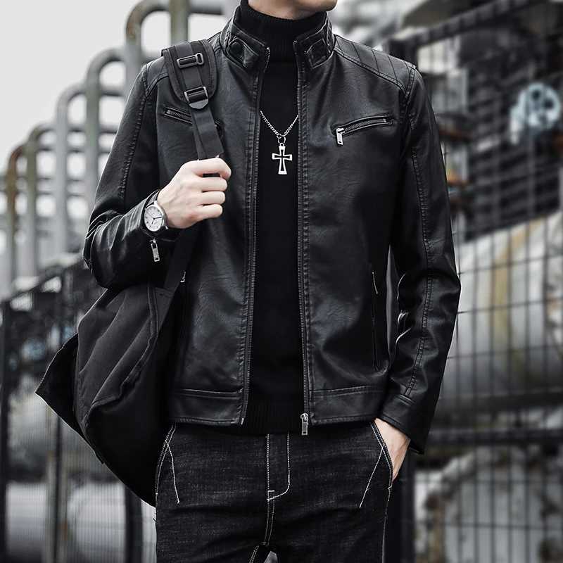 Autumn New Men Casual Fashion Stand Collar Slim PU Leather Jacket Solid Color Leather Jacket Men Anti-wind Motorcycle S-4XLX240913