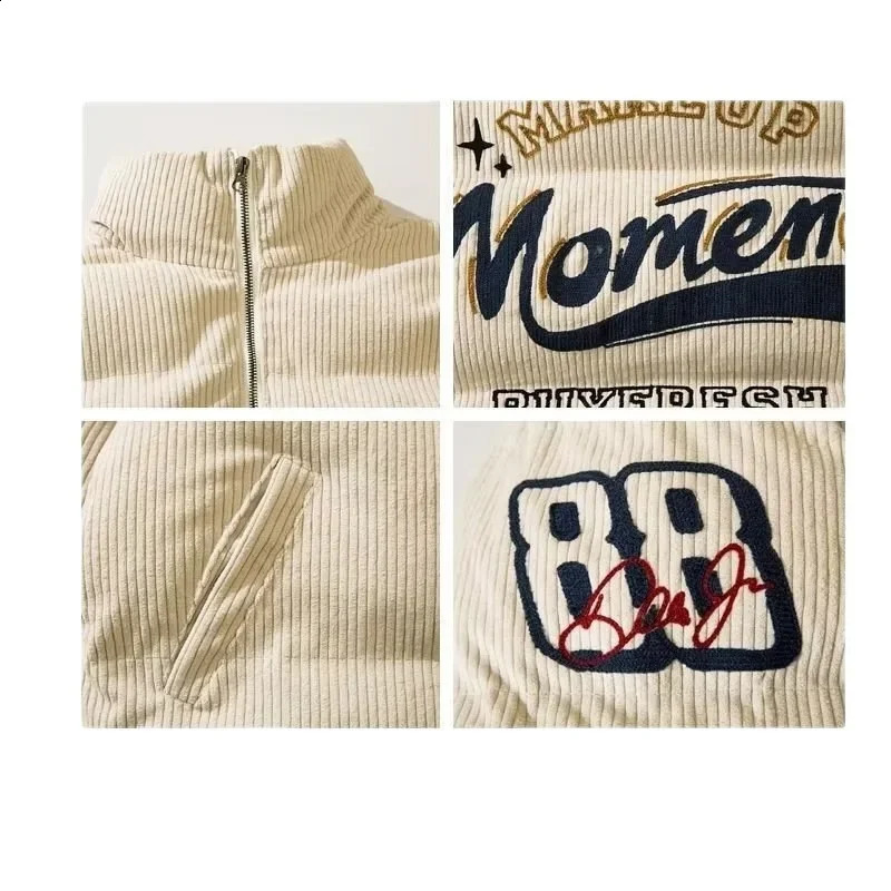 Vintage American Style Corduroy Winter Embroidery Stand Collar Cottonpadded Jacket Loose Fit Puffer Trendy Couple 240912