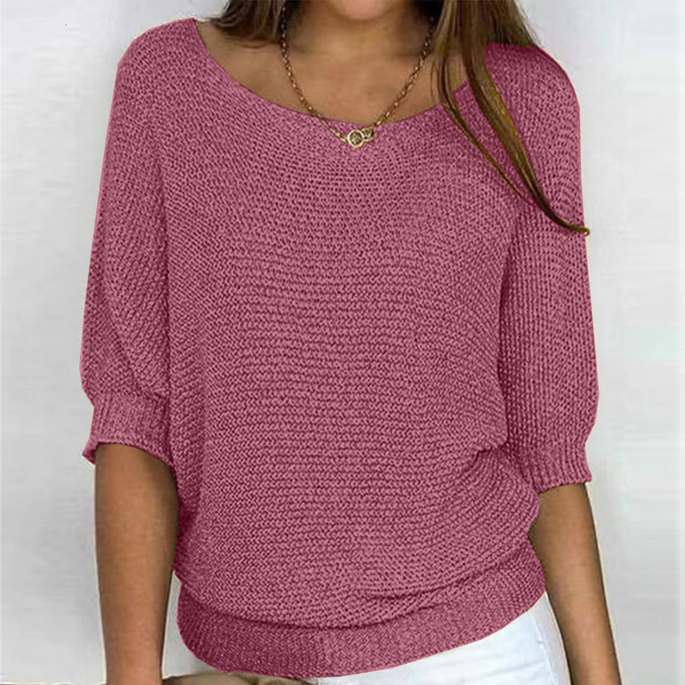 2024 New Solid Color Round Neck Knitwear Women's 3/4 Sleeve Top Air Conditioned Shirt