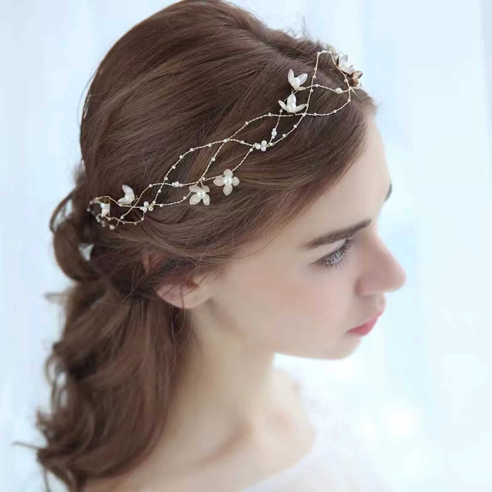 Women Pearl Tie Up Hair Hoop Bride White Flower Hair Accessories Fits Bridesmaid Wedding Birthday Party Hair Decor SuppliesX240913