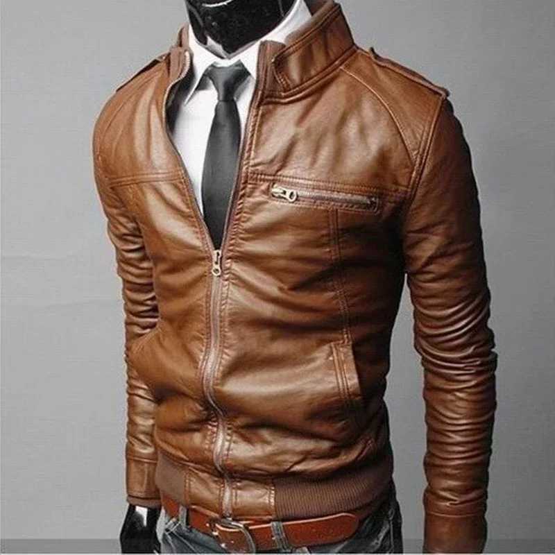 Fashion Mens Motorcycle Leather Jacket Spring and Autumn Stand Collar Zip Aviator Jackets Male Slim PU Synthetic Leather CoatsX240913