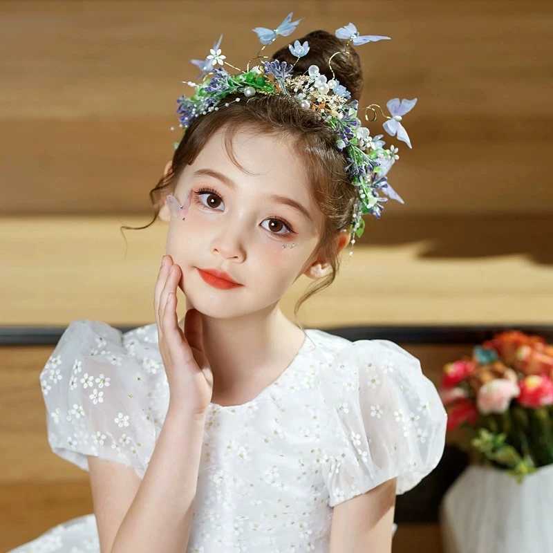New Fashion Pink Butterfly Pearl Flower Headband fow Girls Child Wreath Hair Hoop Headbands Holiday Party Hair Accessories GiftX240913