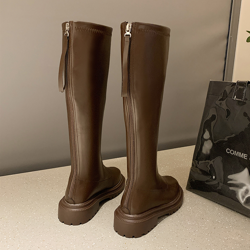 Casual Women Beige Brown Low Heels Knee Thigh High Soft Leather Platform Cowboy Winter Designer Punk Long Boots 35-42