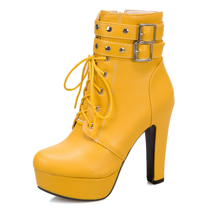 Platform Ankle Lace Up Heels Autumn Winter Short Women Boots Buckle Red Yellow White Sexy Ladies Shoes Large Size 9bd8