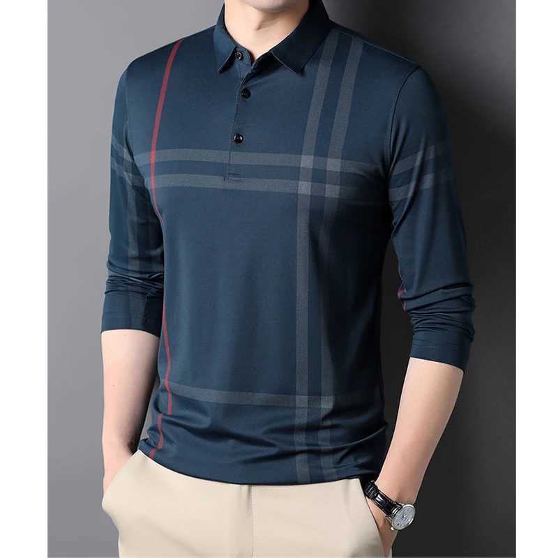 2023 Spring/Autumn Business and Leisure Slim Fit Polo Shirt Mens Korean Fashion Striped Collar Button Long Sleeve T-shirt Ropa Hombre W240913