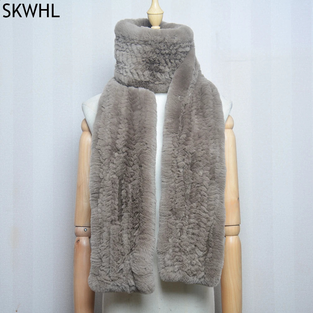 Long Style Lady Knit Real Genuine Rex Rabbit Fur Scarf Winter Knitted Rex Rabbit Fur Scarves Women Rex Rabbit Fur Neck Warmer 240910