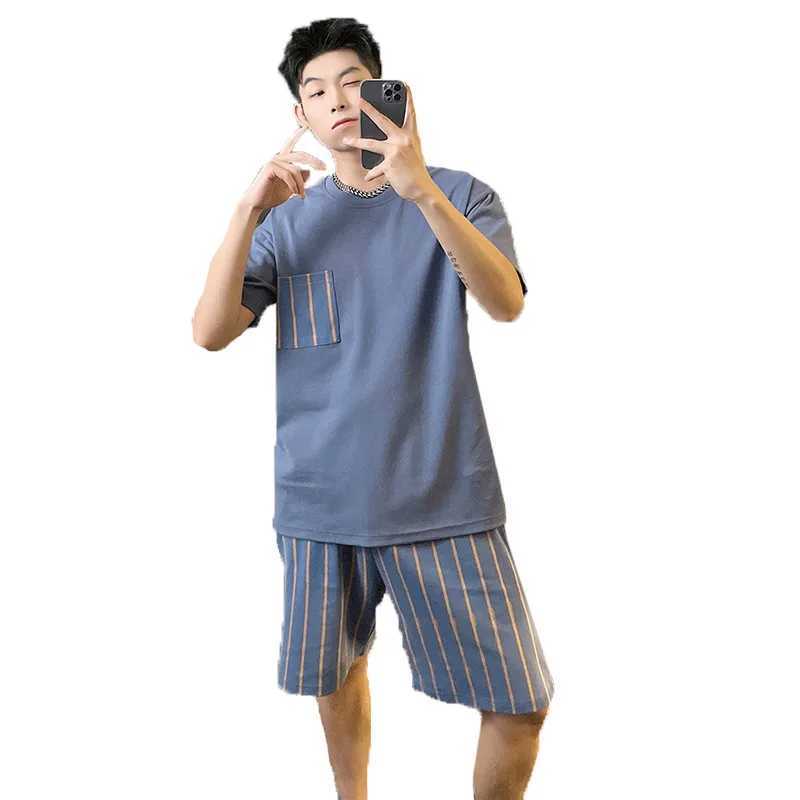 Mens Two-Piece Pajamas Homewear Summer Mens Pajamas Cotton Short-Sleeved Shorts Large Size Teenage Boys Casual Homewear Set Y240913