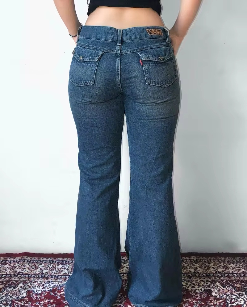 Y2K Fashion Trend New Blue Flower Embroidered Baggy Bell Bottoms Women Street Vintage Hip Hop Popular Casual High Waisted Jeans