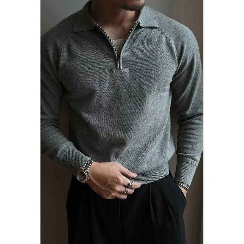 Autumn clothing mens luxury knitted polo shirt casual fashion zipper solid color long sleeved zipper casual shirt W240913