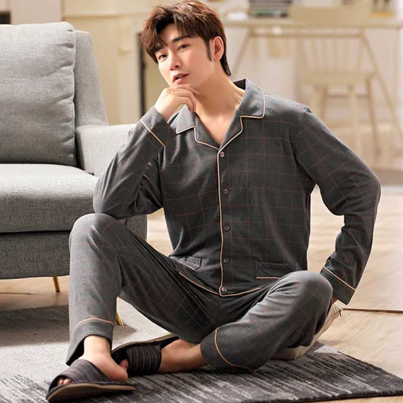 6XL Full Cotton Pijama for Men 2Piece Lounge Sleepwear Pyjamas Plaid Autumn Bedgown Home Clothes Man PJs Pure Cotton Pajamas Set Y240913