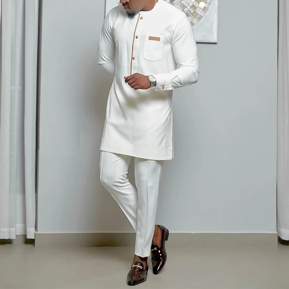 Kaftan Elegant African Mens Set 2 Pieces Outfits Long Sleeve Ethnic Tops and Pants Full Mens Suit Wedding Men Clothing 240911