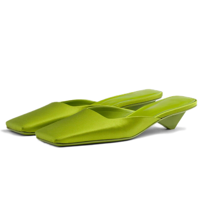 Summer Square Head Shallow Mouth Satins Triangle Heel Slippers Fashion Minimalist Retro Commuting Casual Low Heel Sandals 43