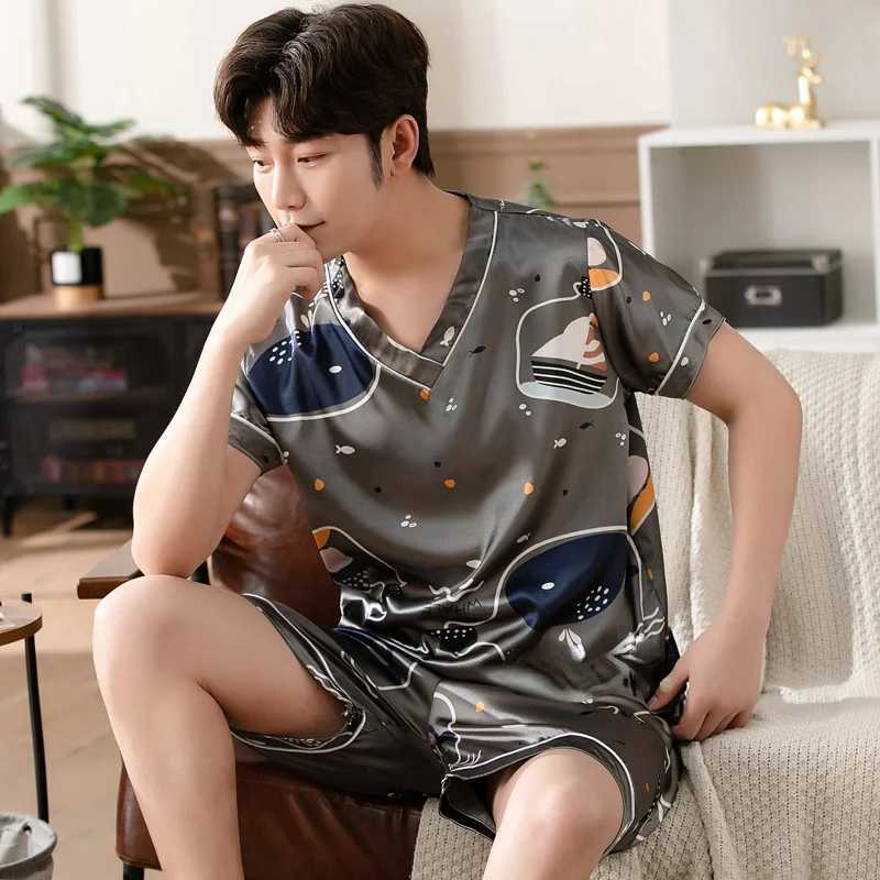Summer Pajamas 3XL Men Silk Satin Pullover Shorts Two Piece Set Sleepwear Man Pajama Home Clothes Nightwear Men Sleep Lounge Y240913