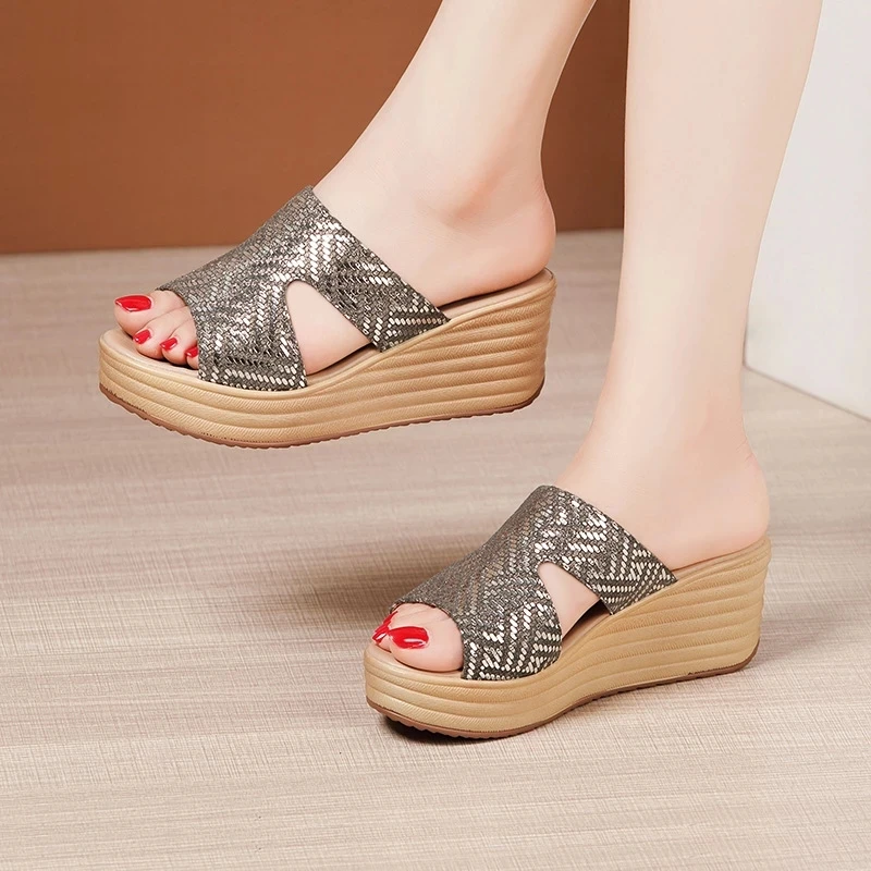 BEYARNESmall Big Size32-43Fashion Gold Cutout Platform Slippers Wedding Shoes Summer High Heels Wedges Slides Women forOffice
