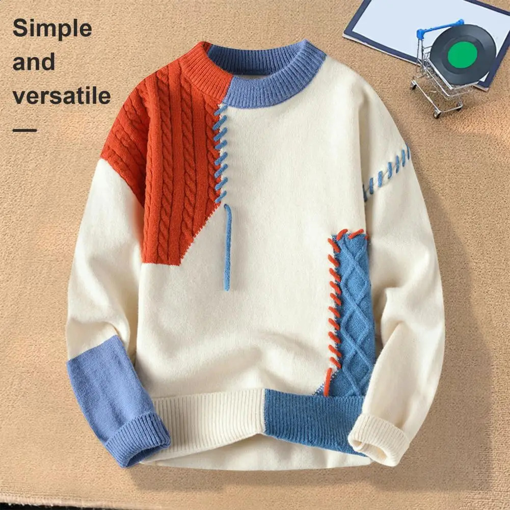 Men Color-blocked Sweater Mens Color Block Knit Sweater with Round Neck Loose Fit Thick Warm Pullover for Casual or Work Wear 240905