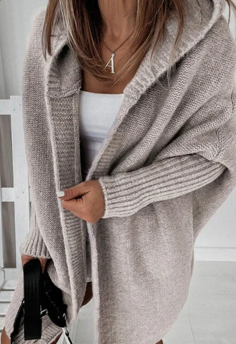 Cardigan for Women Autumn Fashion Solid Color Long Sleeved Temperament Commuting Loose Knit Open Front Hooded Sweater 240904