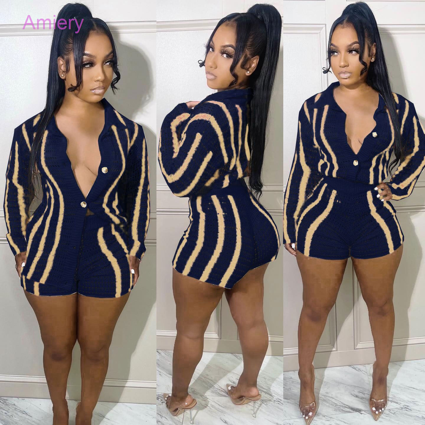 2024 Autumn Knitted Womens Tracksuit Stripe Two Piece Set Women Lapel Neck Long Sleeve Cardigan Sweater And Shorts 2Pcs Sets For Women Outfits